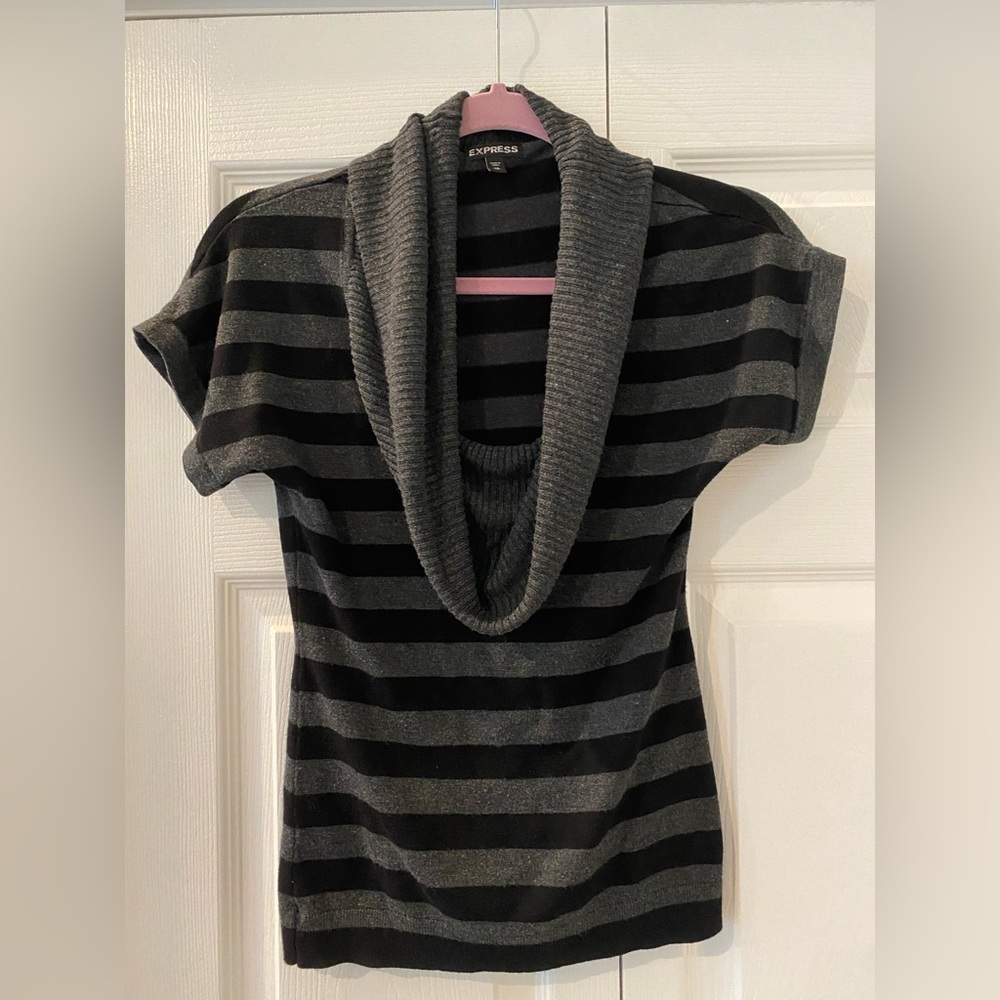 Express Black and Gray Cowl Neck Striped Sweater